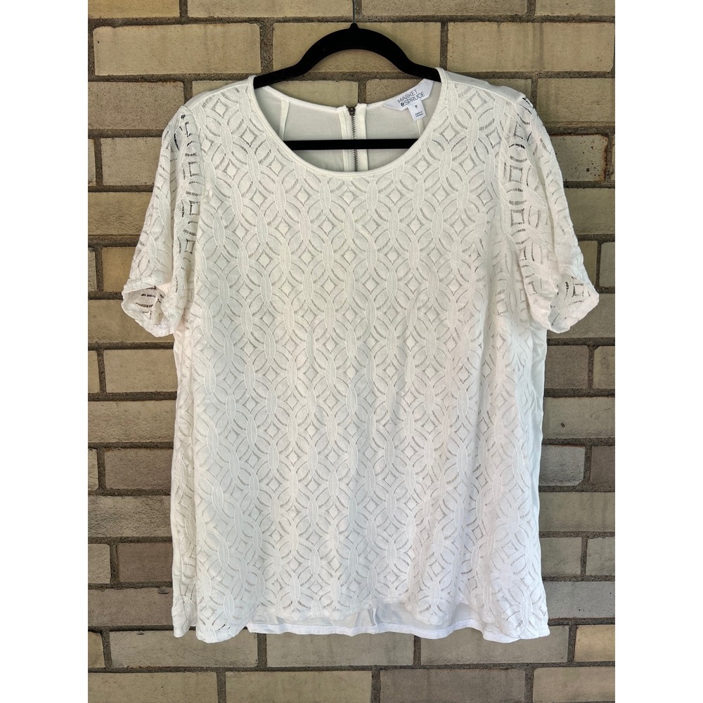 Market & Spruce White Geometric Lace Short Sleeve Zip Back Top Size 2X